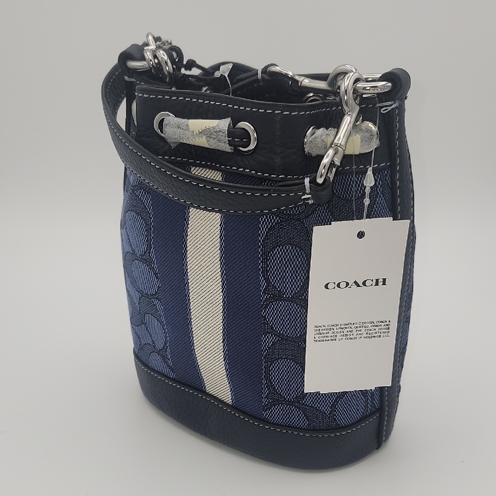 Coach Signature Drawstring Bucket Bag in Navy - Picture 2 of 7